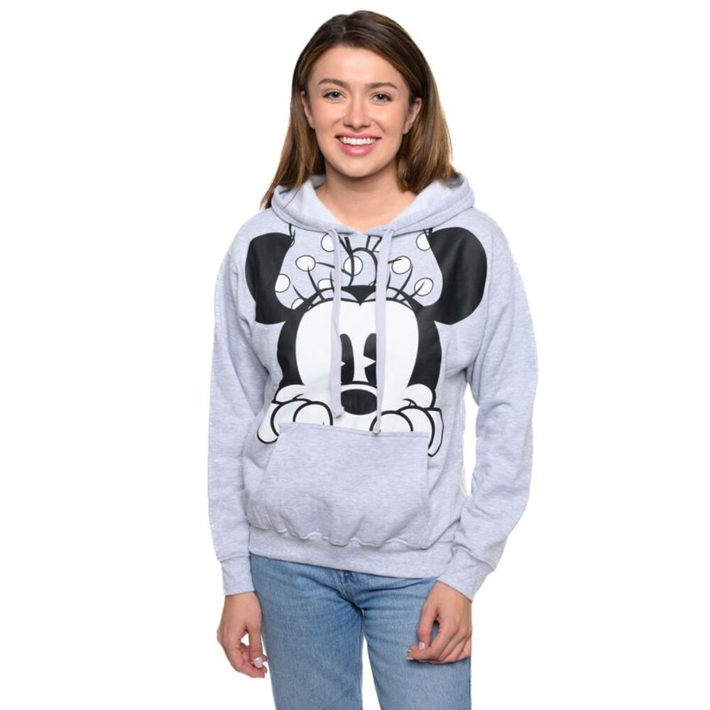 New Disney Women Minnie Mouse Hoodie Peeking Pullover Sweatshirt Gray